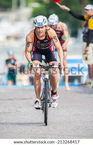 STOCKHOLM - AUG, 23: Lindsey Jerdonek from USA after the transition to cycling at the Womans ITU World Triathlon Series event August 23, 2014 in Stockholm, Sweden