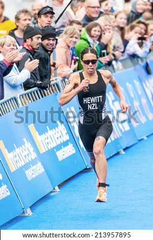 STOCKHOLM - AUG, 23: Andrea Hewitt from New Zeeland running to the finish line in the Womens ITU World Triathlon Series event  Aug. 23, 2014 in Stockholm, Sweden