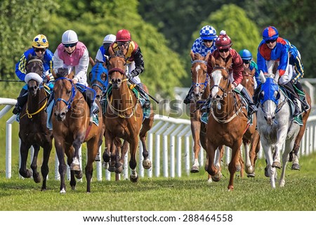 STOCKHOLM - JUNE 6: Group of colorful jockeys and horses in fast pace during the race at the Nationaldags Galoppen at Gardet. June 6, 2015 in Stockholm, Sweden.
