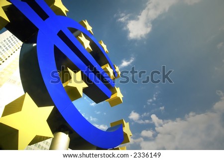 Giant Euro sign at the European Central Bank in Frankfurt, Germany shot at a low angle against the sky