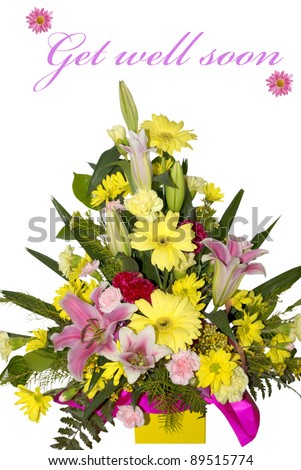 Beautiful bouquet of flowers with get well soon text isolated on a white background - stock photo