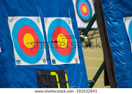 BANGKOK ,THAILAND - MARCH 15: Archery Target with embedded arrows in 1st Asian Archery  Grand Prix 2014  , on March 15, 2014 in Bangkok, Thailand.