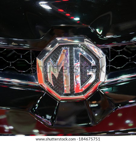 NONTHABURI, THAILAND - MARCH 26: Logo of MG Motor car on display at The 35th Bangkok International Motor Show on March 26, 2014  in Nonthaburi, Thailand.