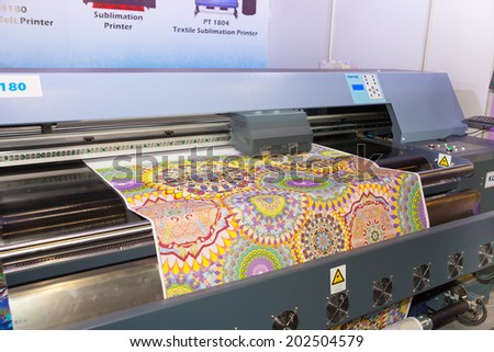 BANGKOK - JUNE 28 :Digital textile belt printer at Garment Manufacturers Sourcing 2014 on  June 28,2014 in BITEC ,Bangkok, Thailand.