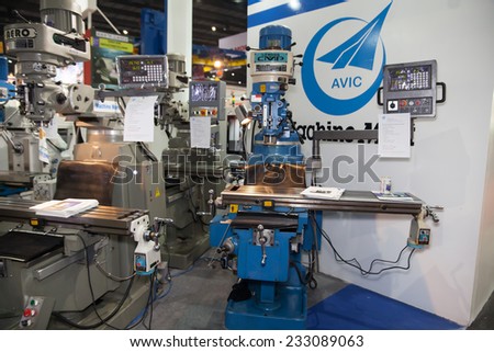 BANGKOK - NOVEMBER 22 :Mini CNC lathe and drilling machine  tool display at METALEX 2014 on Nov 22,2014 in BITEC  ,Bangkok, Thailand.