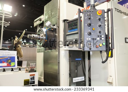 BANGKOK - NOVEMBER 22 :Big CNC lathe and drilling machine tool display at METALEX 2014 on Nov 22,2014 in BITEC ,Bangkok, Thailand.