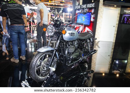 NONTHABURI - DECEMBER 4 :TRIUMPH T100  motorcycle  on display at MOTOR EXPO 2014 on  Dec 4,2014 in Nonthaburi, Thailand.