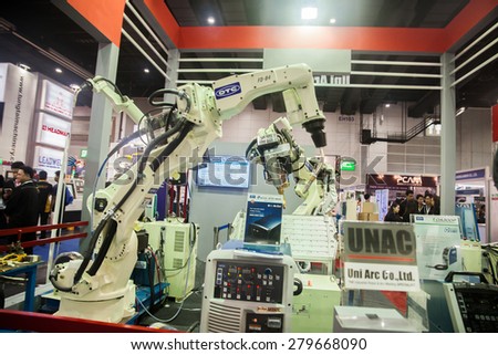 BANGKOK ,THAILAND - MAY 16:An industrial robot hands display at Intermach-Subcon Thailand 2015, on MAY 16, 2015 in Bangkok, Thailand.