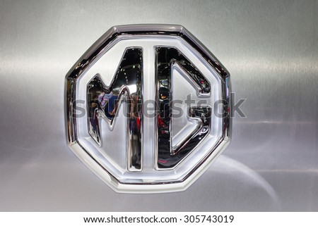 BANGKOK - AUGUST 1 :MG logo on display at Big Motor Sale 2015 on  Aug 1,2015 in BITEC ,Bangkok, Thailand.