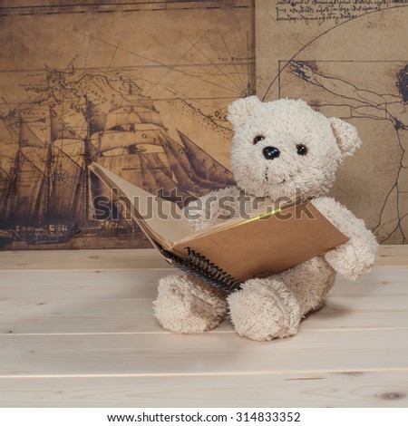 bear toy holding and reading a little book