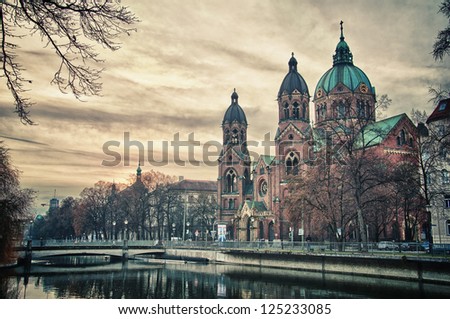 Beautiful church, a temple at sunset. Europe and landmark attractions of Munich, Germany