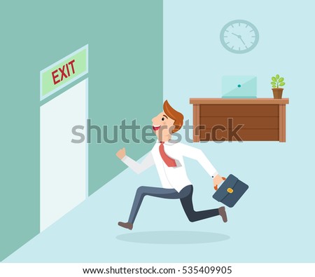 Running businessman and open door exit. Businessman running exit door sign he get off work.
