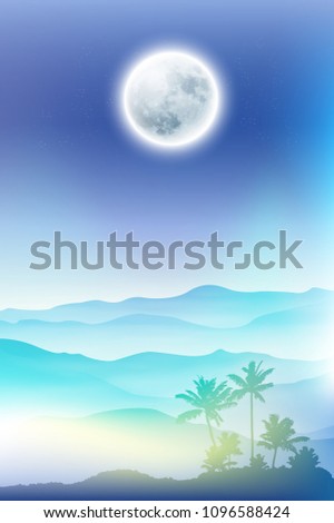 Fullmoon and palm tree and mountains in the fog