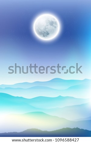 Background with fullmoon and mountains in the fog