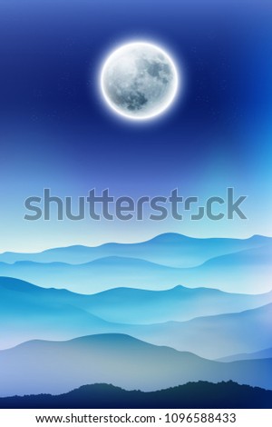 Background with fullmoon and mountains in the fog