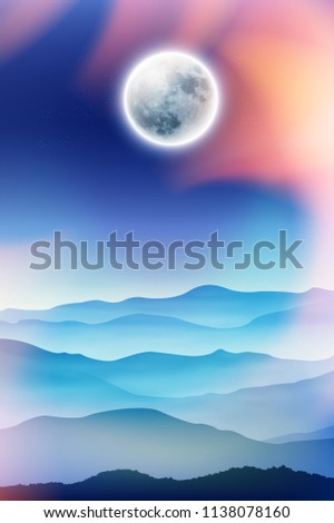 Background with fullmoon and mountains in the fog