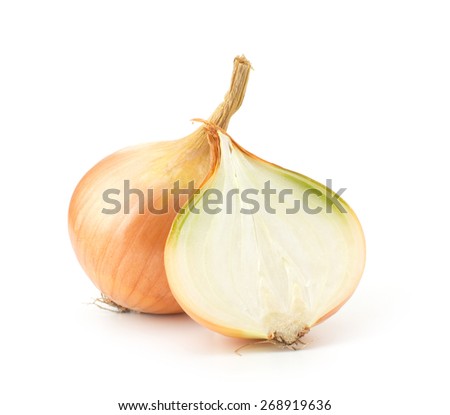 Cut fresh bulbs of onion on a white background