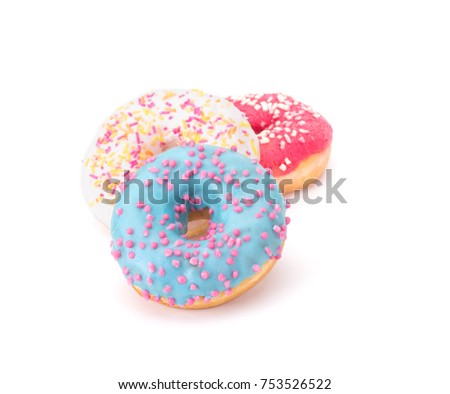 Similar – Image, Stock Photo Donuts in a row on blue background. Homemade ring doughnuts, top view