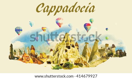 vector watercolor panoramic CAPPADOCIA illustration