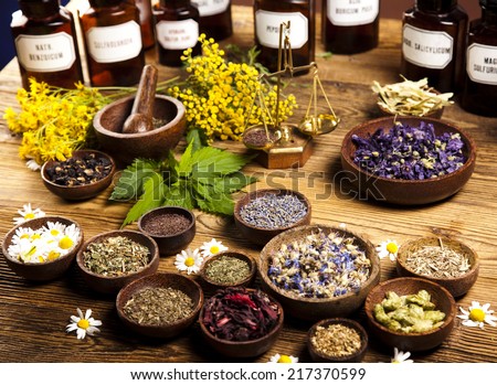 Medicine bottles and herbs