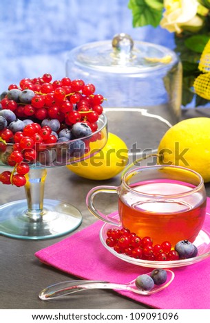 red fruits tea with berry fruits on cake stand
