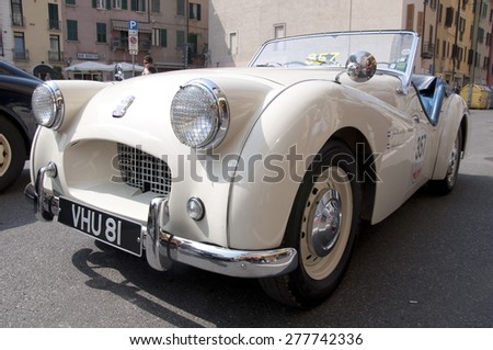 BRESCIA,ITALY - MAY,13:Registration of participants of the famous race retro cars Mille Miglia, May 13,2015 in Brescia,Italy. TRIUMPH TR2 Sports, 1955 built