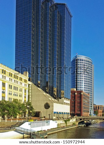 tall buildings on the Grand River in Grand Rapids, Michigan