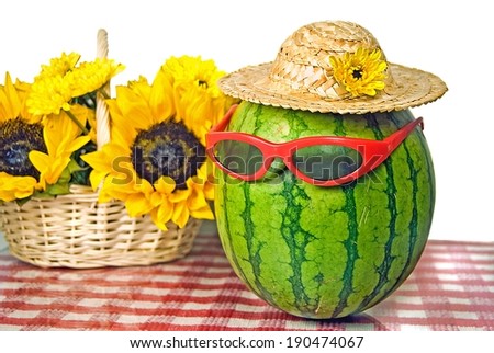 watermelon with sunglasses and sunflower basket