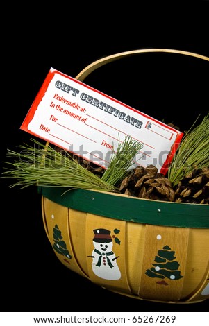 holiday gift certificate in pine cone basket