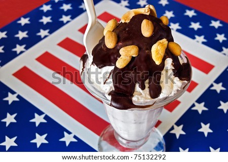 hot fudge sundae on patriotic background