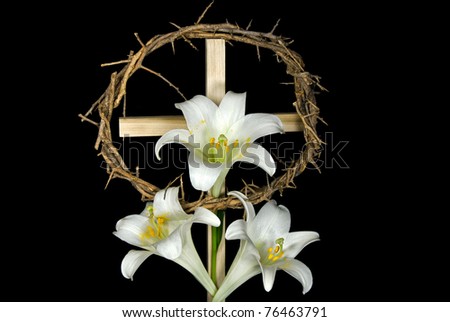 Crown Of Thorns And Easter Lilies On Cross Stock Photo 76463791 ...