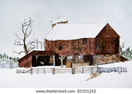 old winter barn in watercolors