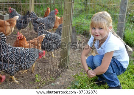 little girl with farm chickens