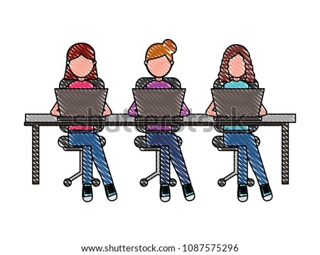 women group sitting working laptop on table and chairs