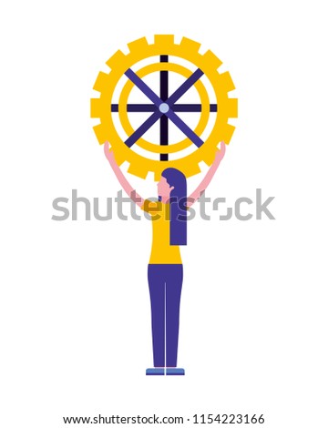 young woman with gear machine isolated icon