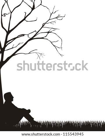 Man Sitting Silhouette Over Grass, White Background. Vector - 115543945 ...