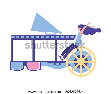 woman with strip reel 3d glasses production movie film