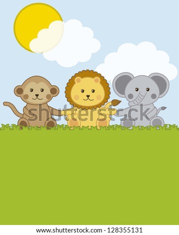 baby animals over landscape with clouds . vector illustration