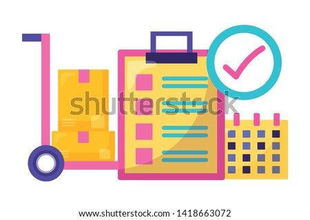 handcart boxes calendar clipboard check mark fast delivery logistic vector illustration