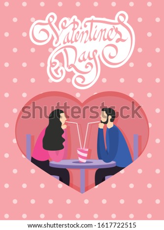 happy valentines day with lovers couple drinking beverage vector design