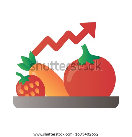 tray with fruits and vegetables price hike arrow up degradient style vector illustration design
