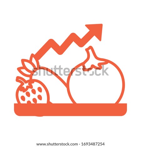 tray with fruits and vegetables price hike arrow up line style vector illustration design
