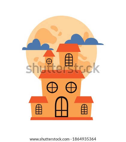 halloween haunted castle building with fullmoon and clouds vector illustration design