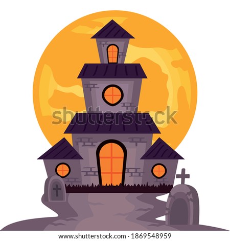halloween haunted castle building with full moon scene vector illustration design