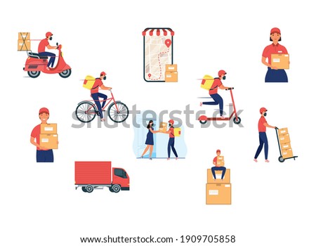 group of eight delivery workers team characters vector illustration design