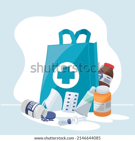 pharmacy paper bag and medicine, concept