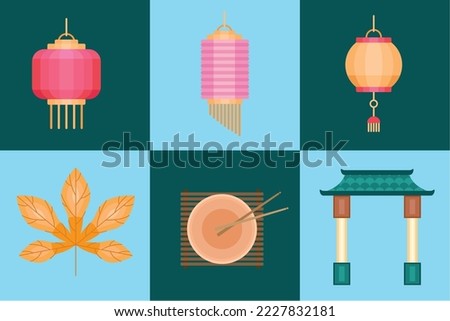 six chuseok celebration set icons