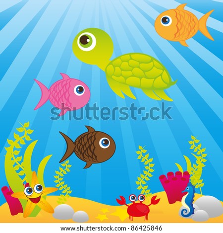 Sea With Animals Cartoons Over Blue Background. Vector - 86425846 ...