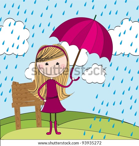cute girl with umbrella and raindrops over landscape. vector