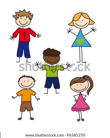 Five Children Drawing Isolated Over White Background. Vector ...